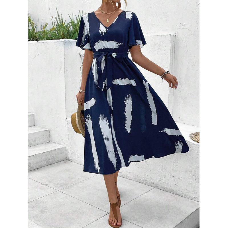 Abstract Print Flared Sleeve Midi Dress