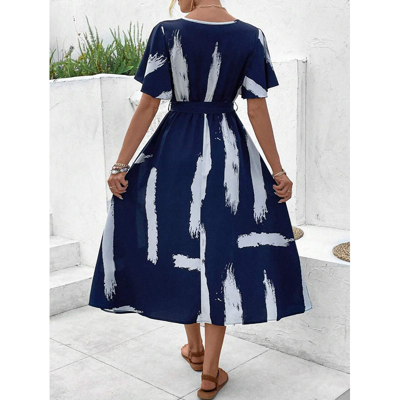 Abstract Print Flared Sleeve Midi Dress