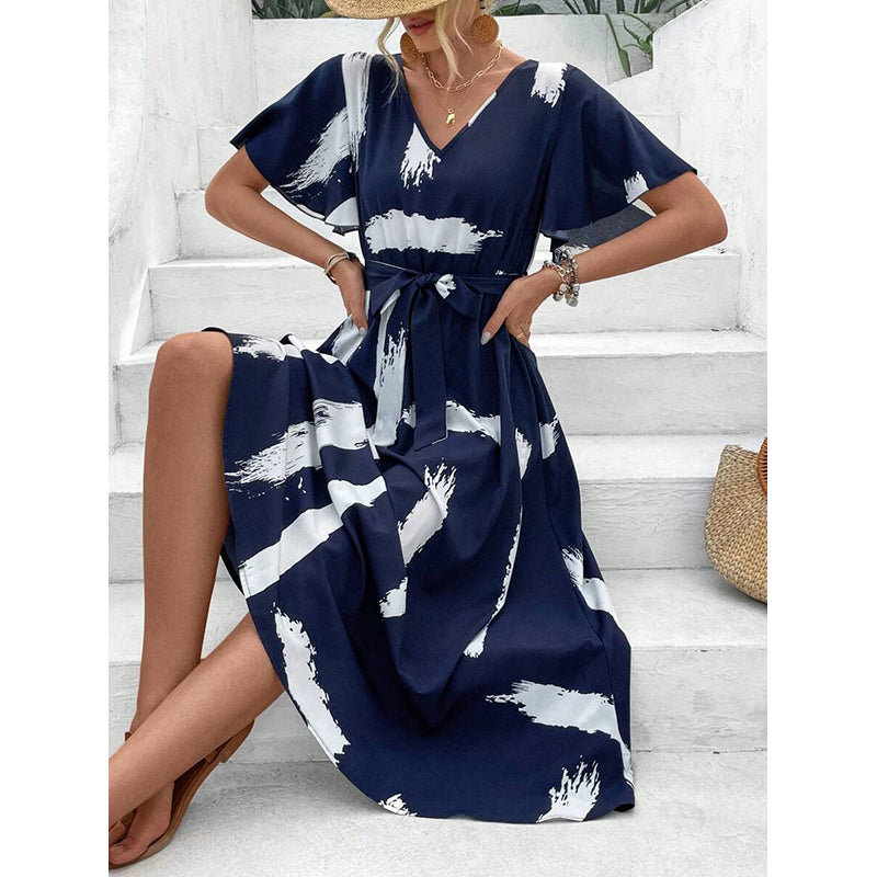 Abstract Print Flared Sleeve Midi Dress