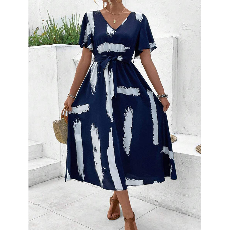 Abstract Print Flared Sleeve Midi Dress
