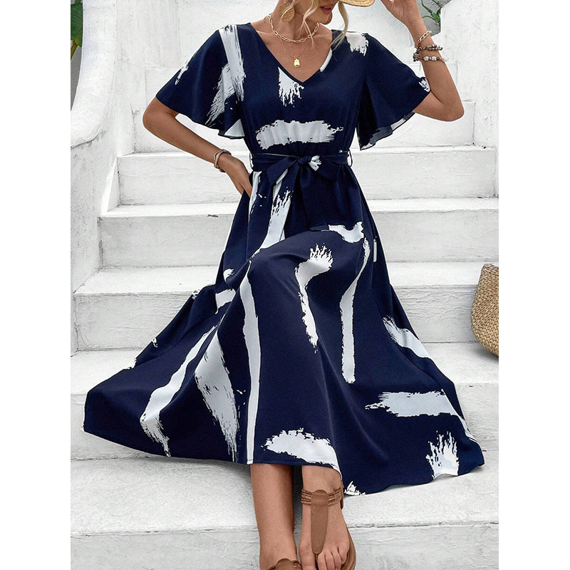 Abstract Print Flared Sleeve Midi Dress