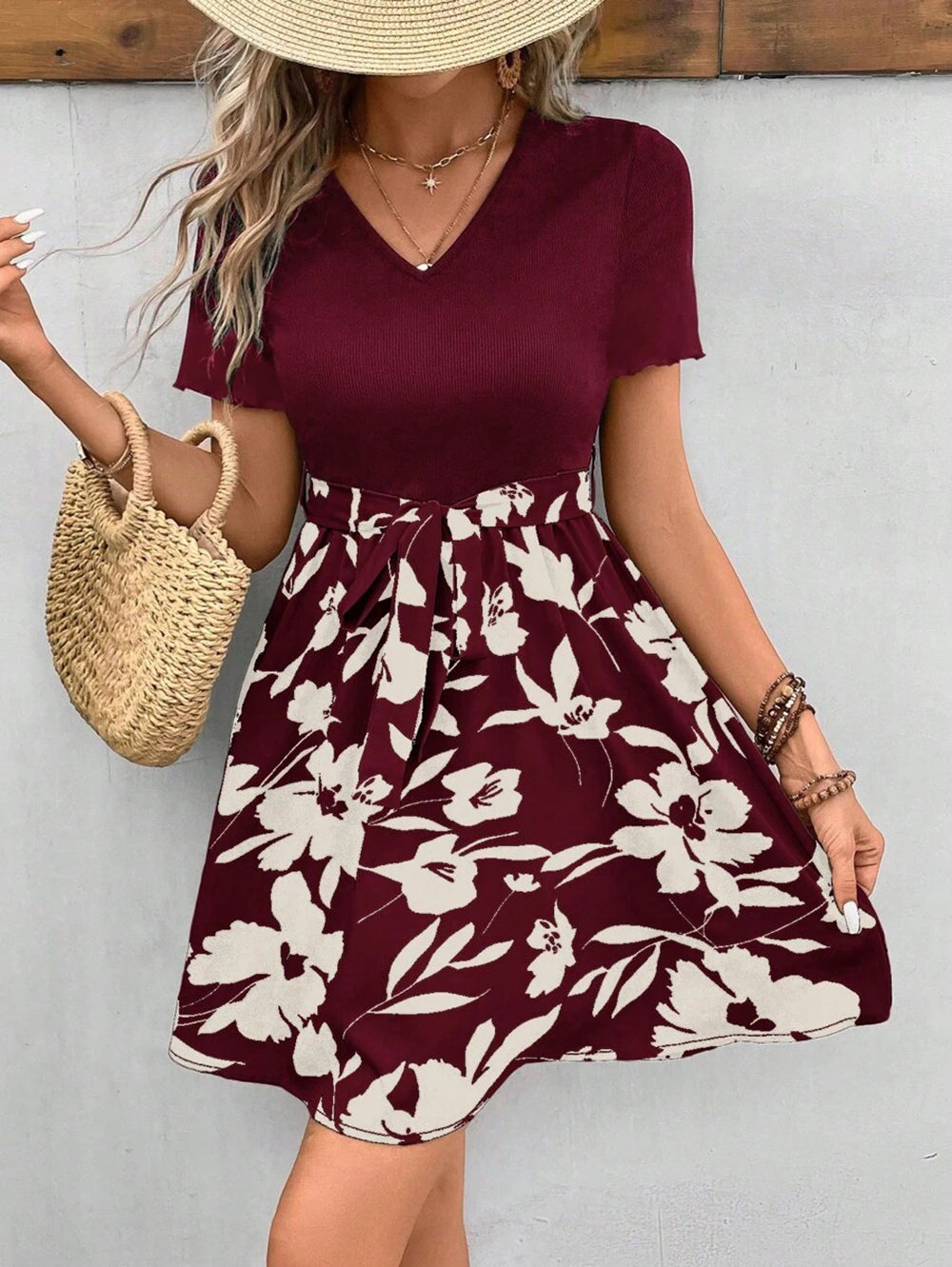 Women Floral Printed V Neck Fit and Flare Dress