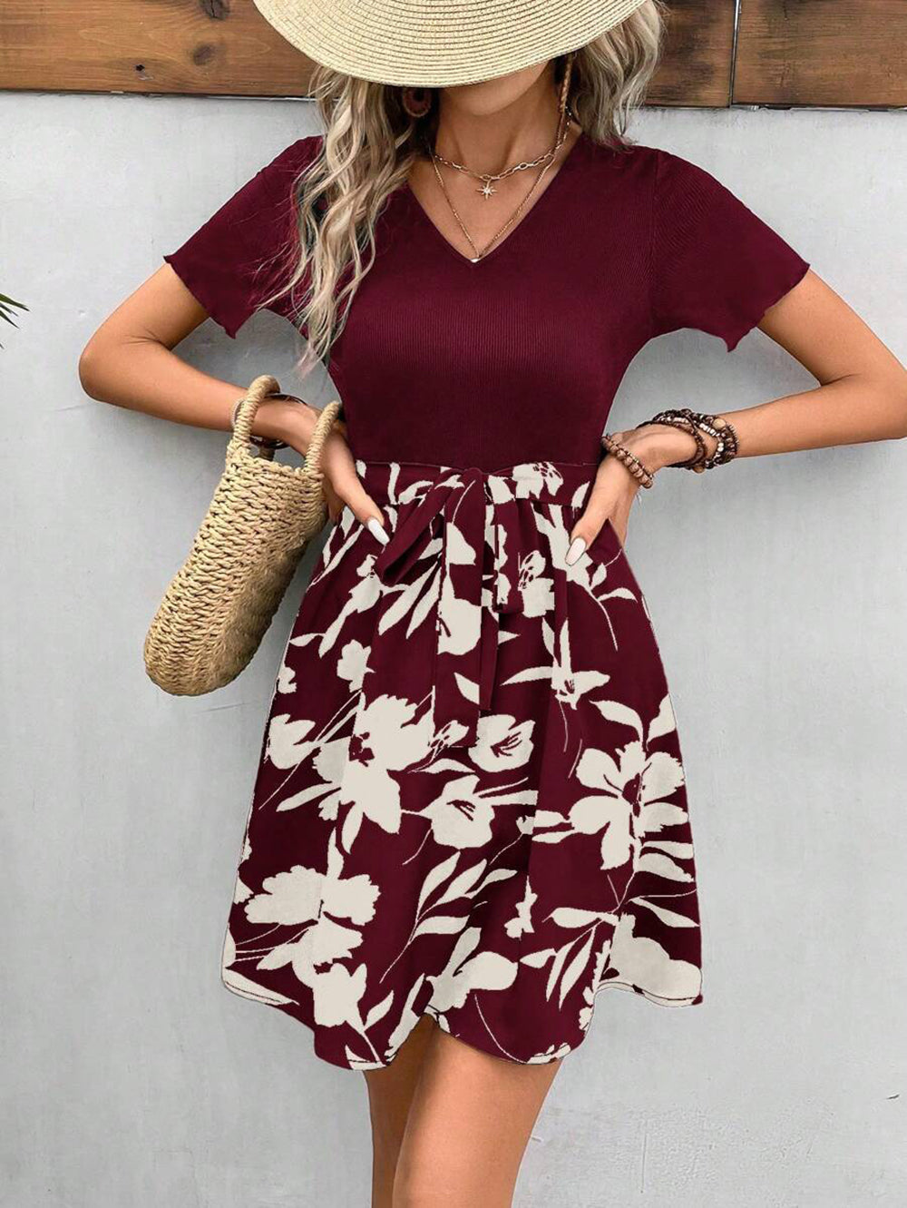 Women Floral Printed V Neck Fit and Flare Dress