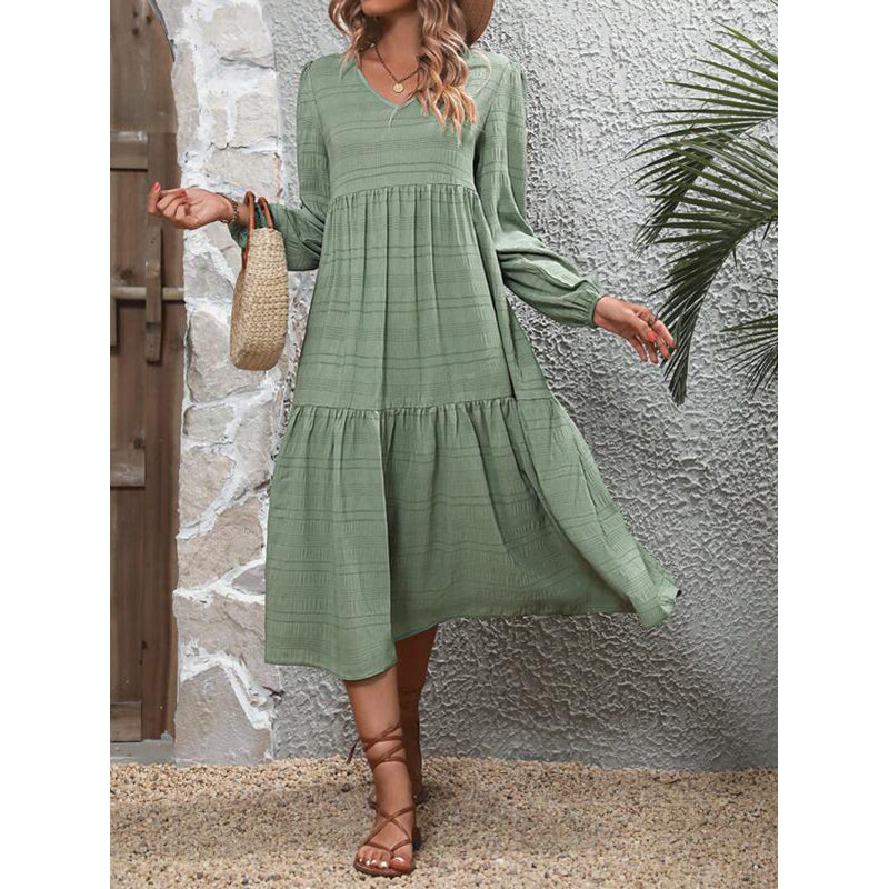 Green Striped V-Neck Puff Sleeves A-Line Midi Dress