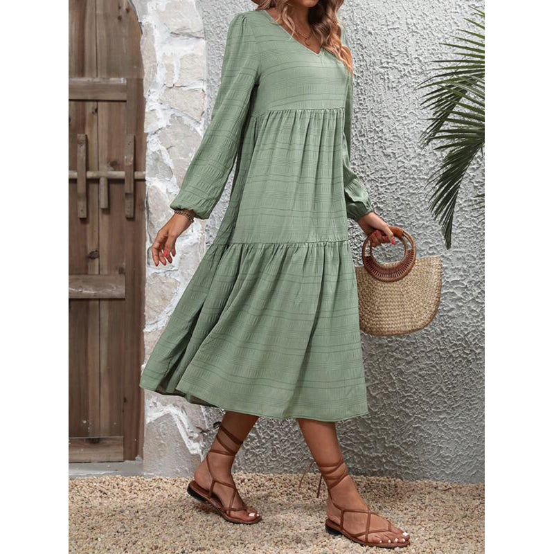 Green Striped V-Neck Puff Sleeves A-Line Midi Dress