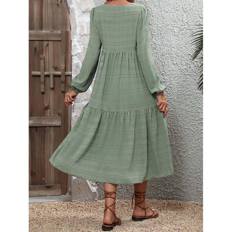 Green Striped V-Neck Puff Sleeves A-Line Midi Dress