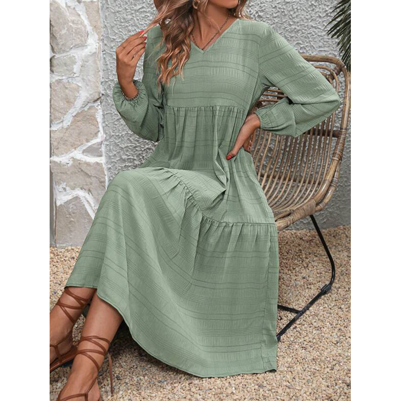 Green Striped V-Neck Puff Sleeves A-Line Midi Dress