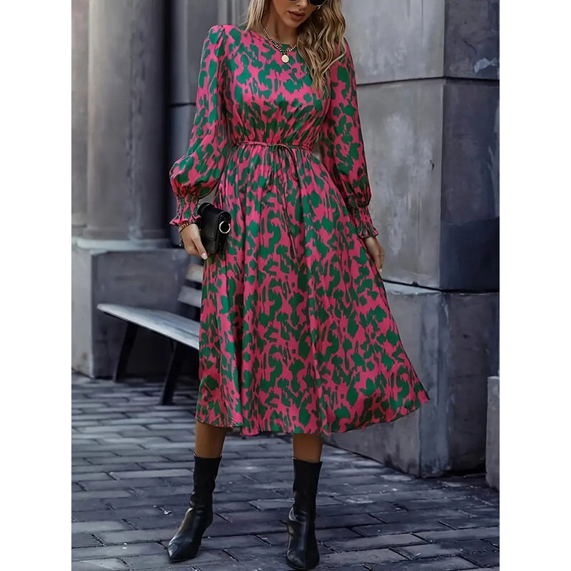 Pink Abstract Print Cuffed Sleeves Fit & Flare Midi Dress