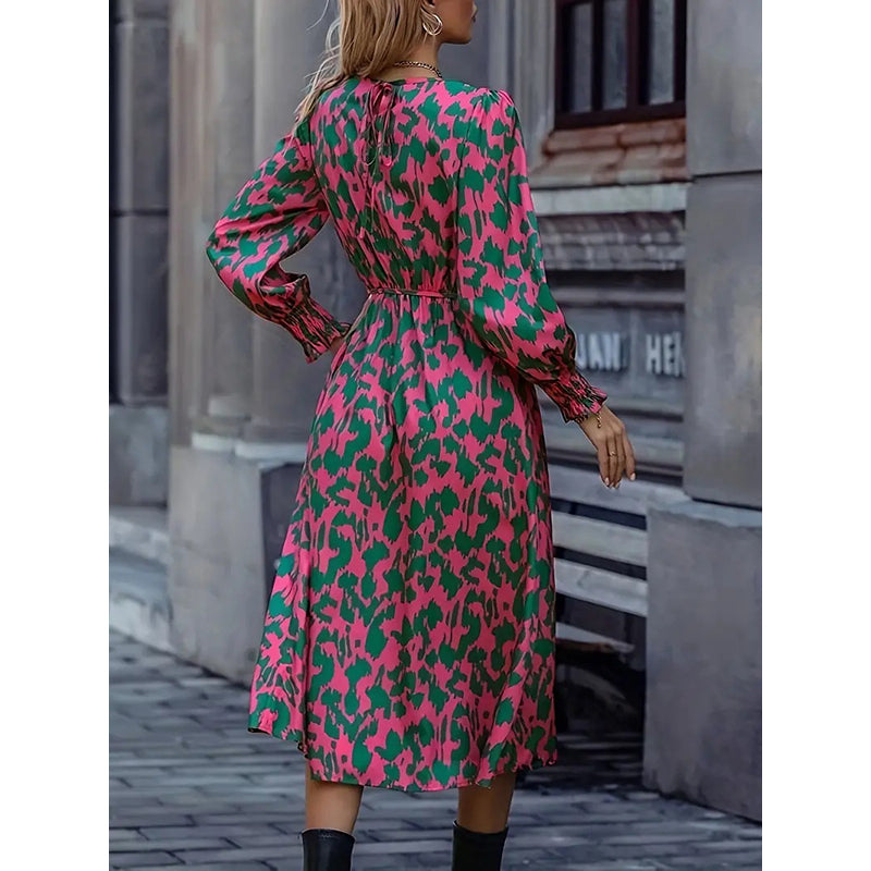 Pink Abstract Print Cuffed Sleeves Fit & Flare Midi Dress