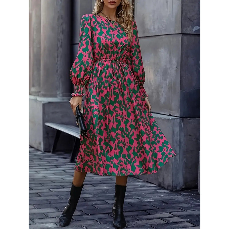 Pink Abstract Print Cuffed Sleeves Fit & Flare Midi Dress