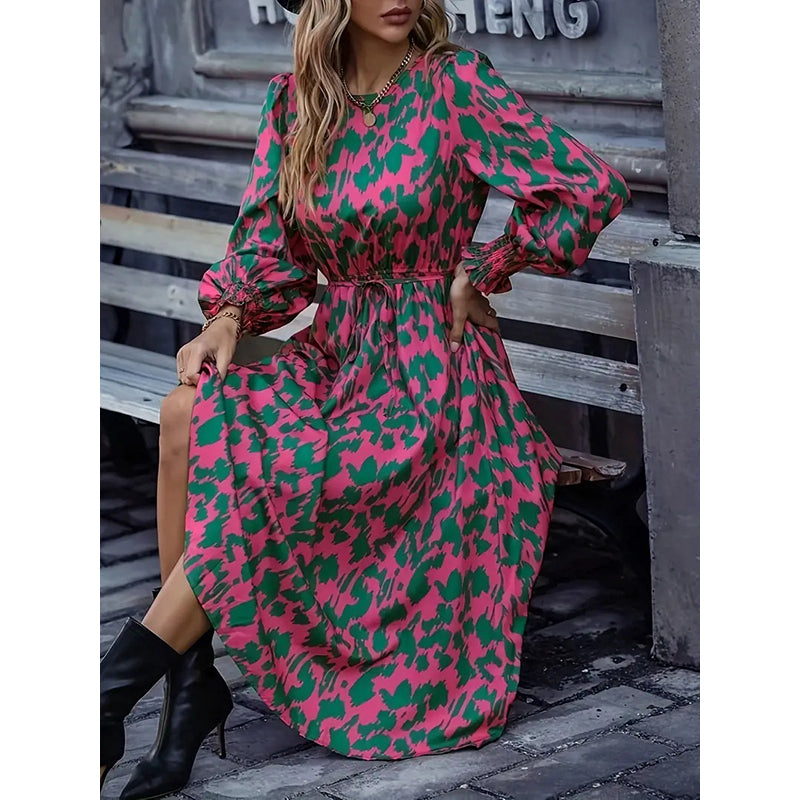Pink Abstract Print Cuffed Sleeves Fit & Flare Midi Dress