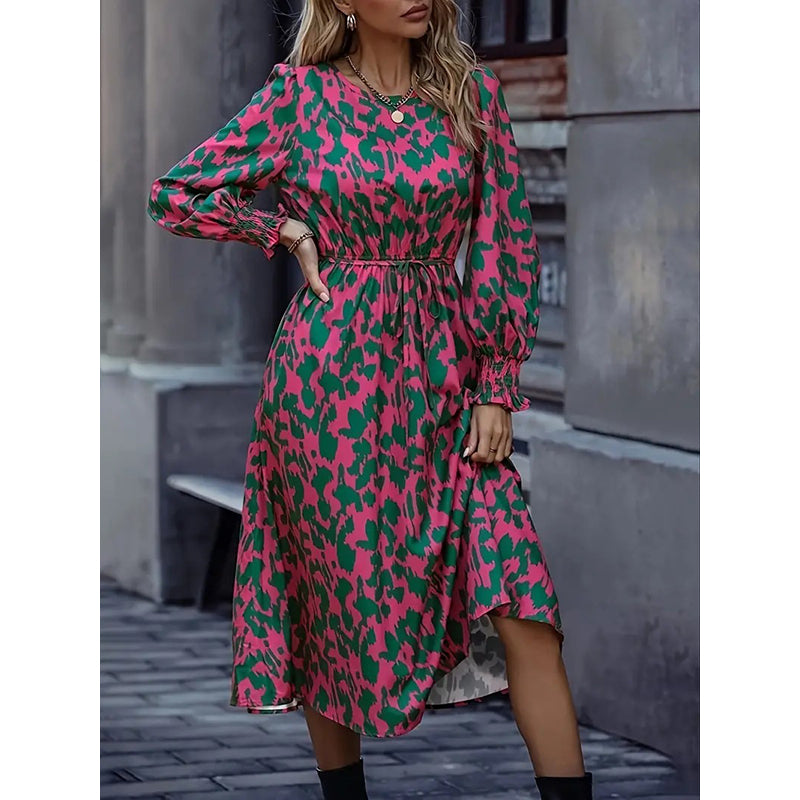 Pink Abstract Print Cuffed Sleeves Fit & Flare Midi Dress