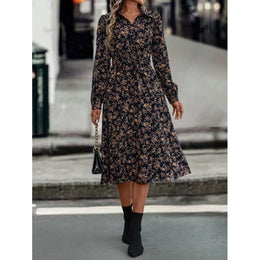 Black Floral Printed Shirt Collar Cuffed Sleeves Fit and Flare Midi Dress