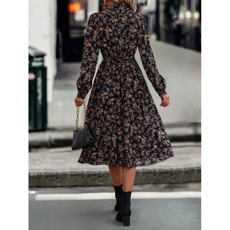 Black Floral Printed Shirt Collar Cuffed Sleeves Fit and Flare Midi Dress