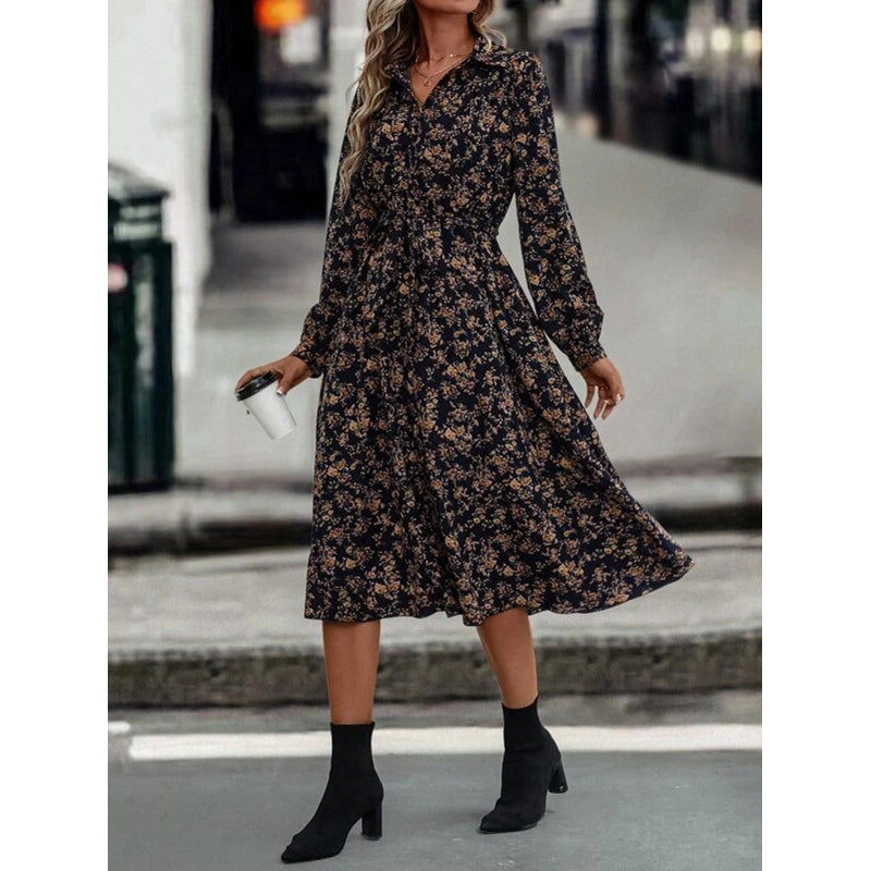 Black Floral Printed Shirt Collar Cuffed Sleeves Fit and Flare Midi Dress