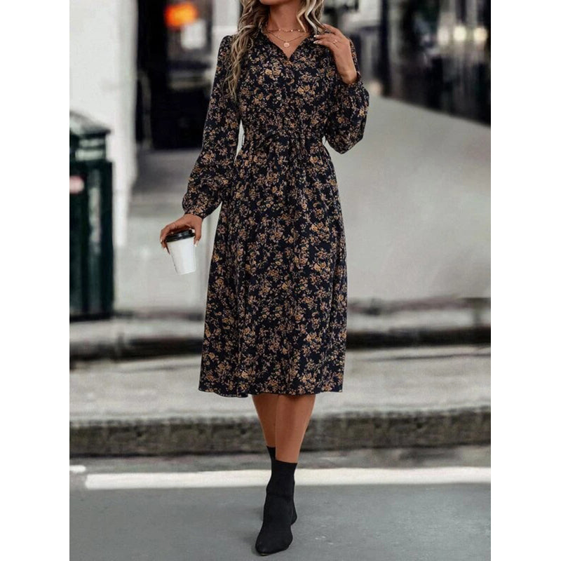 Black Floral Printed Shirt Collar Cuffed Sleeves Fit and Flare Midi Dress