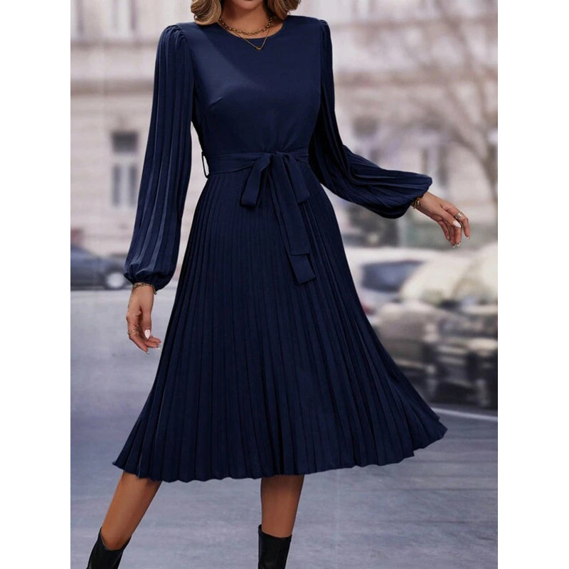 Navy Puff Sleeve Fit & Flare Midi Dress