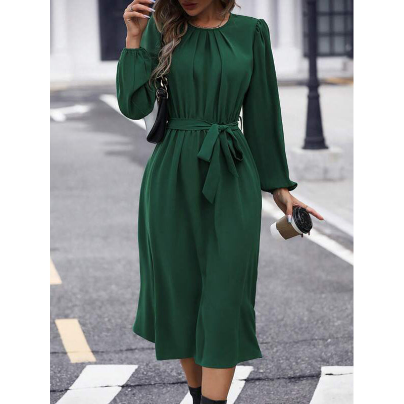 Green Puff Sleeve A-Line Midi Dress