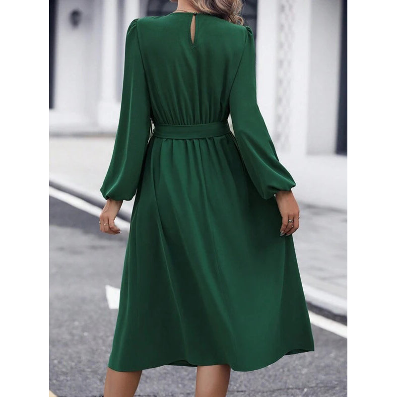Green Puff Sleeve A-Line Midi Dress