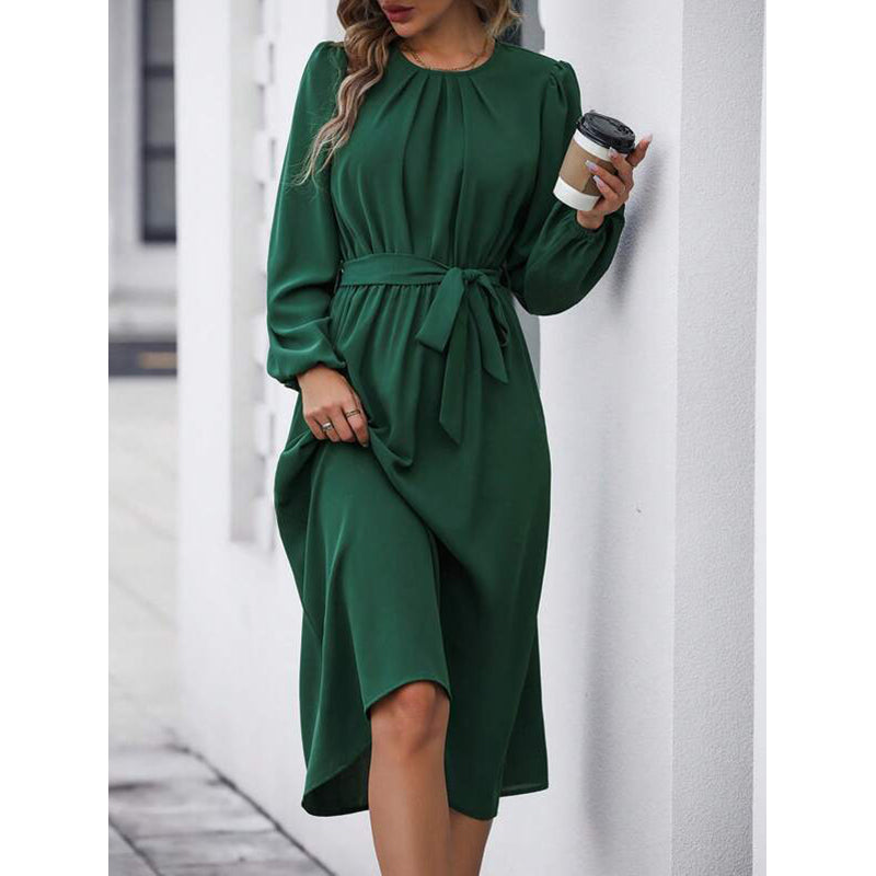 Green Puff Sleeve A-Line Midi Dress