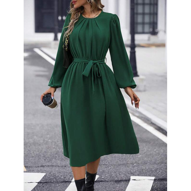 Green Puff Sleeve A-Line Midi Dress