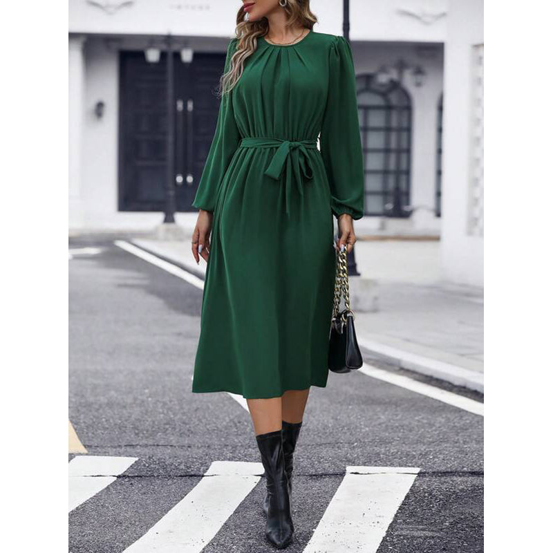 Green Puff Sleeve A-Line Midi Dress