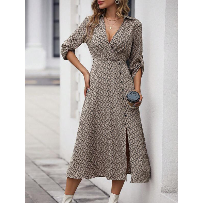 Khaki Geometric Printed Roll-Up Sleeves A-Line Midi Dress