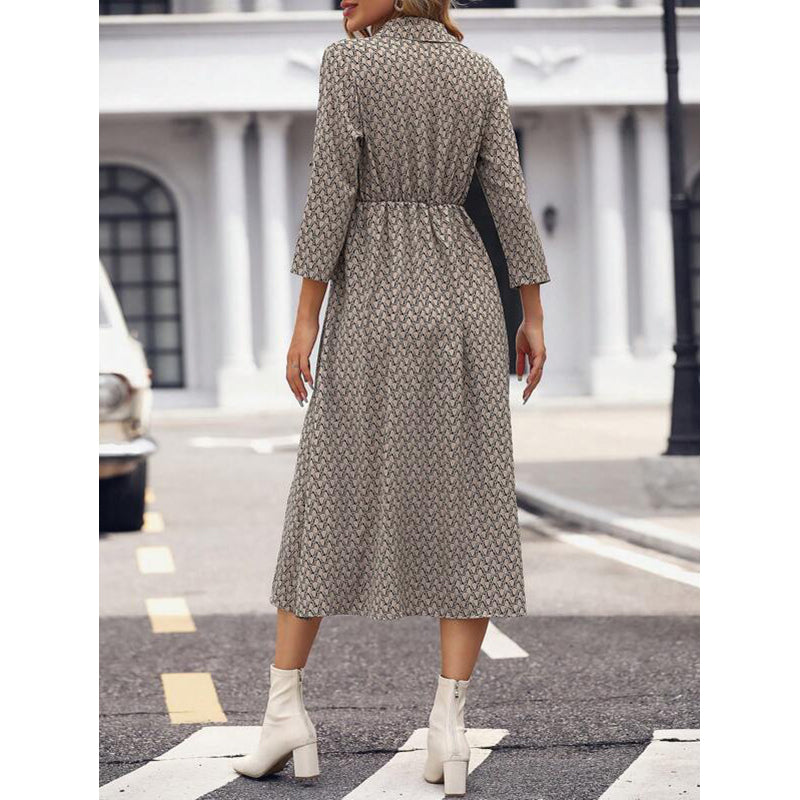 Khaki Geometric Printed Roll-Up Sleeves A-Line Midi Dress