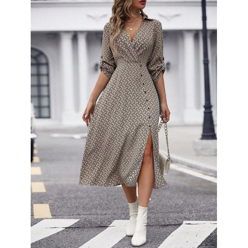Khaki Geometric Printed Roll-Up Sleeves A-Line Midi Dress
