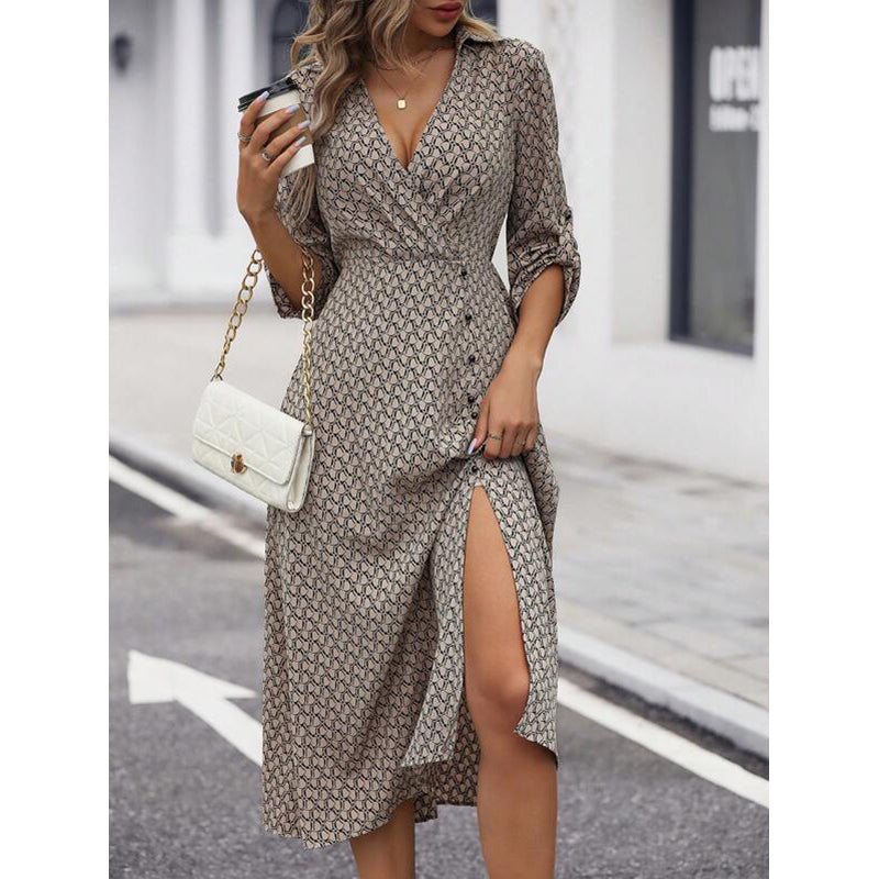 Khaki Geometric Printed Roll-Up Sleeves A-Line Midi Dress