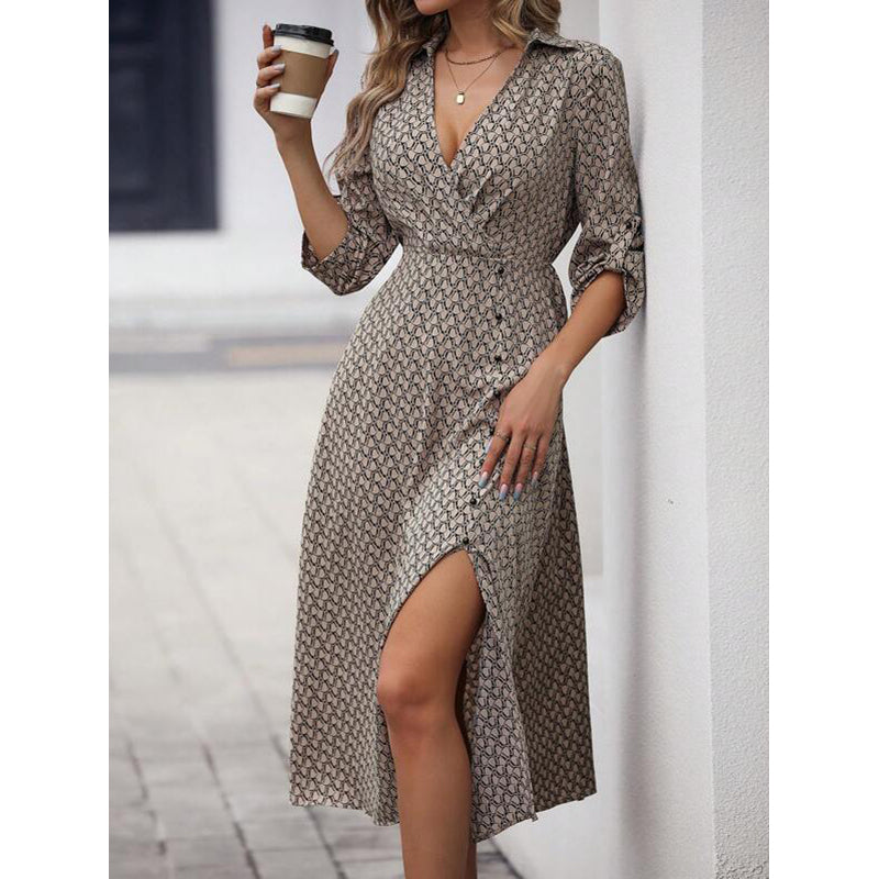 Khaki Geometric Printed Roll-Up Sleeves A-Line Midi Dress