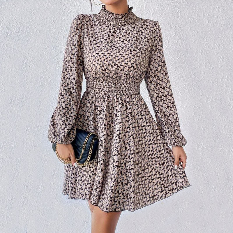 Khaki Abstract Print High Neck Puff Sleeve Fit & Flare Dress