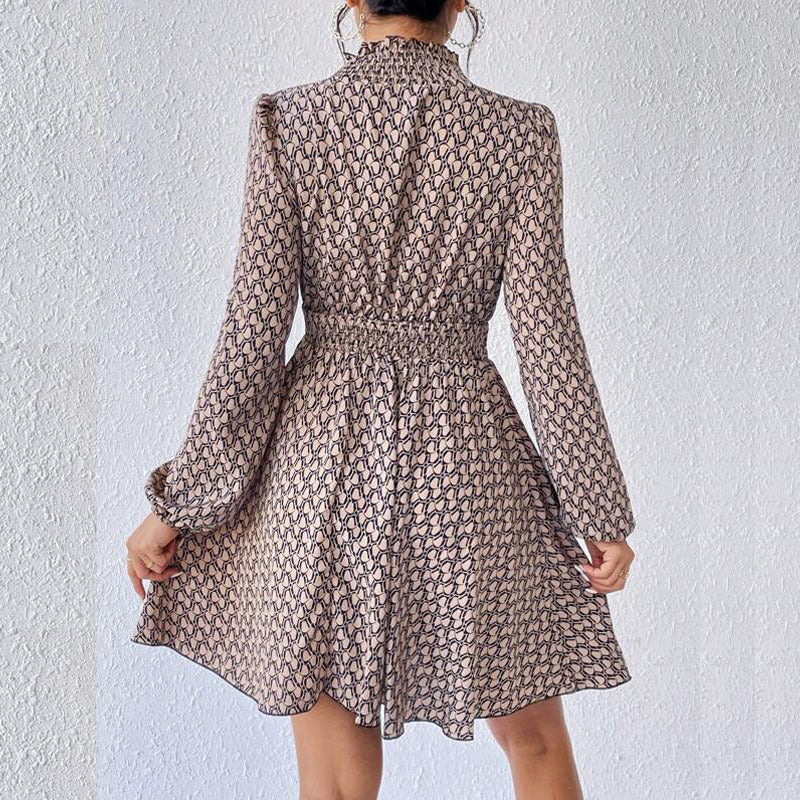 Khaki Abstract Print High Neck Puff Sleeve Fit & Flare Dress