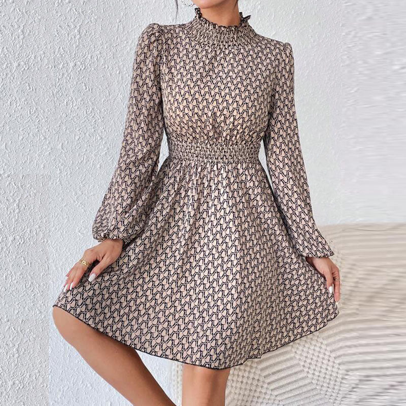 Khaki Abstract Print High Neck Puff Sleeve Fit & Flare Dress