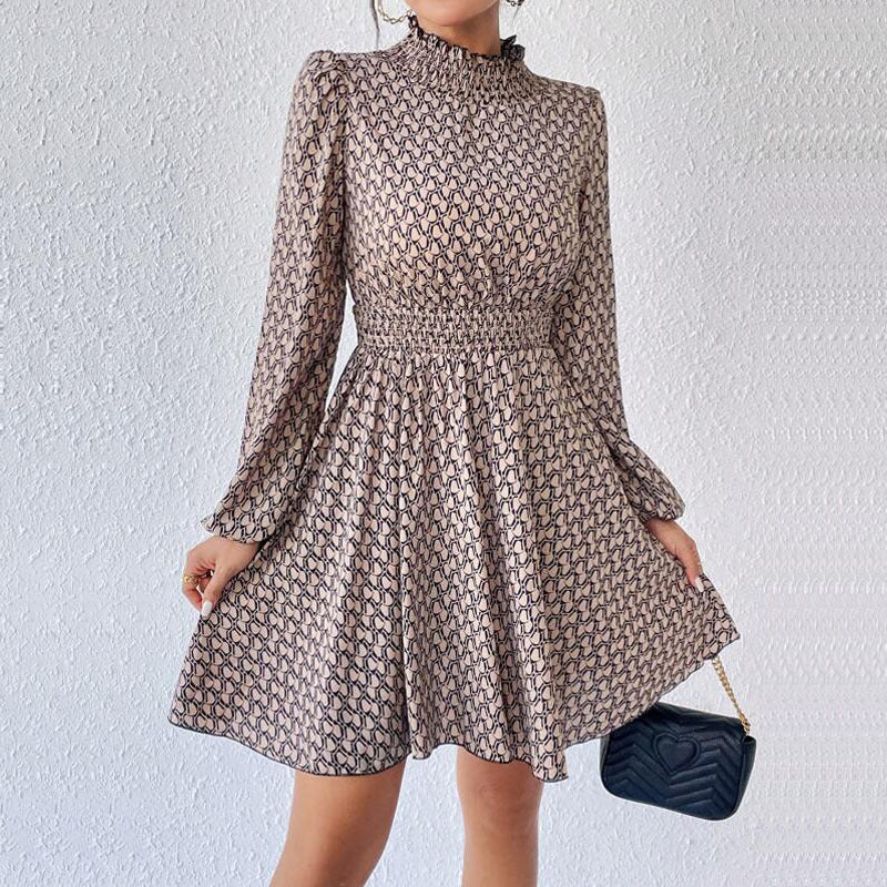 Khaki Abstract Print High Neck Puff Sleeve Fit & Flare Dress