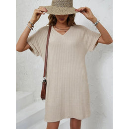 Beige Striped Extended Sleeves T-shirt Dress