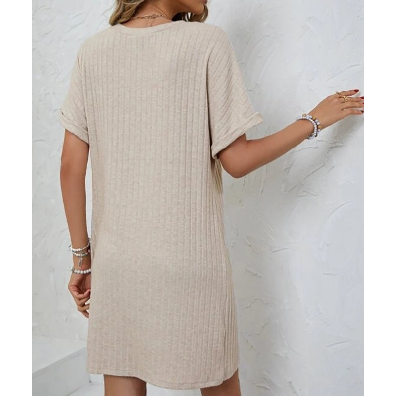 Beige Striped Extended Sleeves T-shirt Dress