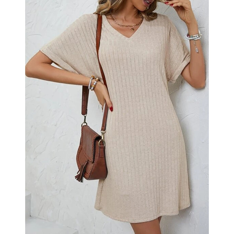 Beige Striped Extended Sleeves T-shirt Dress