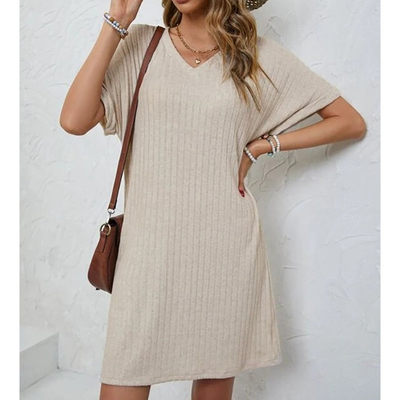 Beige Striped Extended Sleeves T-shirt Dress
