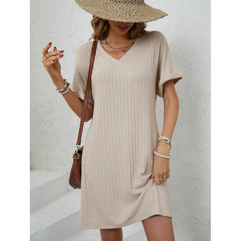 Beige Striped Extended Sleeves T-shirt Dress