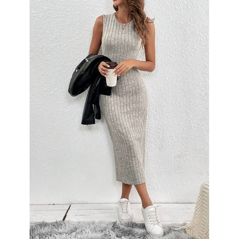 Grey Self Design Sleeveless Sheath Midi Dress