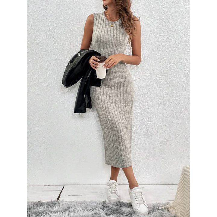 Grey Self Design Sleeveless Sheath Midi Dress