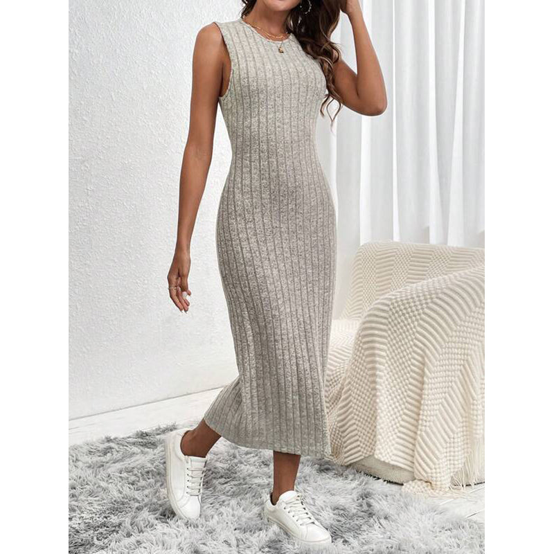 Grey Self Design Sleeveless Sheath Midi Dress