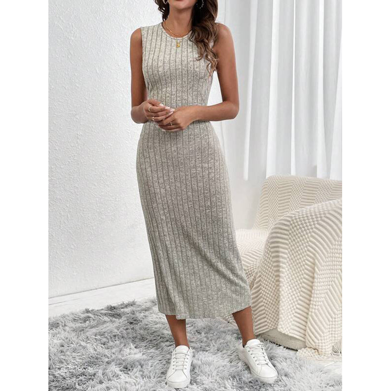 Grey Self Design Sleeveless Sheath Midi Dress