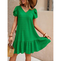 Green Solid V-Neck Puff Sleeves A-Line Dress