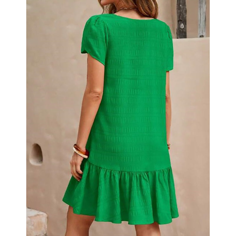 Green Solid V-Neck Puff Sleeves A-Line Dress