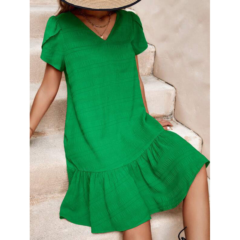 Green Solid V-Neck Puff Sleeves A-Line Dress