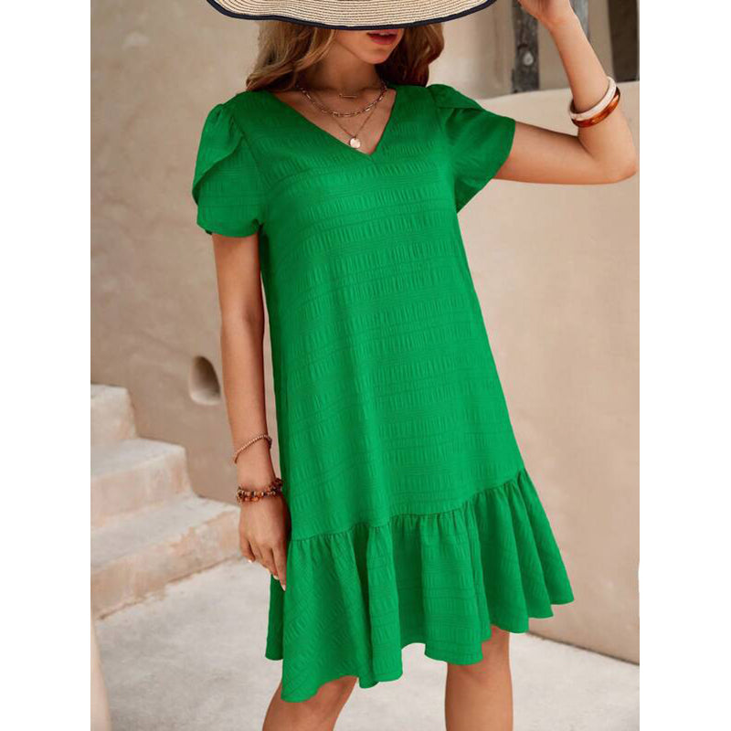 Green Solid V-Neck Puff Sleeves A-Line Dress