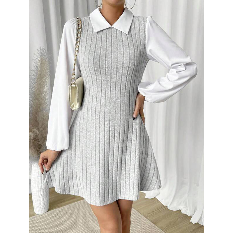 Grey & White Cuffed Sleeves Striped A-Line Dress