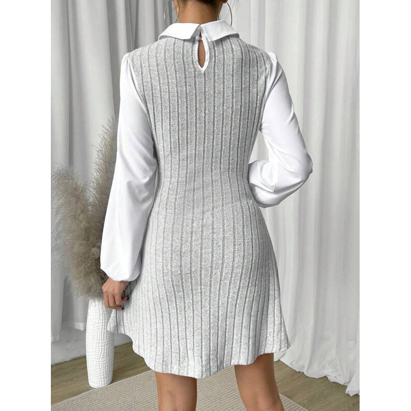 Grey & White Cuffed Sleeves Striped A-Line Dress